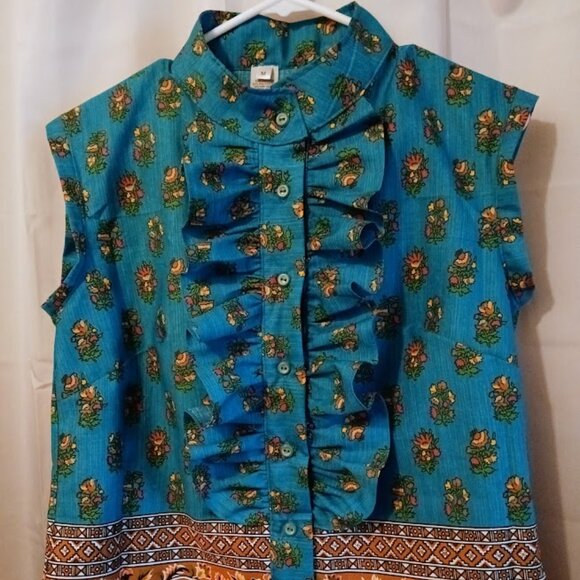 Nwt Tuxedo Ruffle Front Blouse Top M Blue Rust floral Button Up Tank Mandarin - Picture 4 of 10